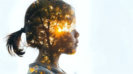 Mindfulness in Nature: Double-Exposure of Child Girl Silhouette in Summer