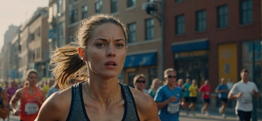 athletic attractive young woman running a marathon in the streets
