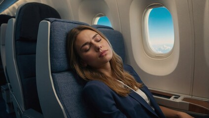 Attractive young woman sleeping lying in a first class airplane seat