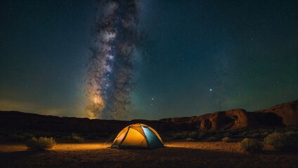 Camping tent underneath Corona Arch and the Milky Way Galaxy