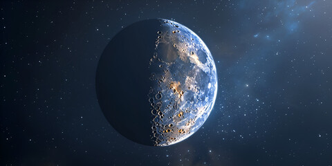 Alien Planet in Space rotating and drifting away, stars in background. 3d rendering.
