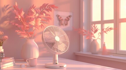 Mockup of a stand fan in 3D with a cozy interior background