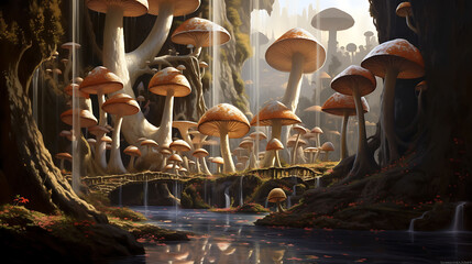 A majestic scene of agaricus mushrooms at the foot of a grand waterfall cascading into a crystal-clear lagoon.