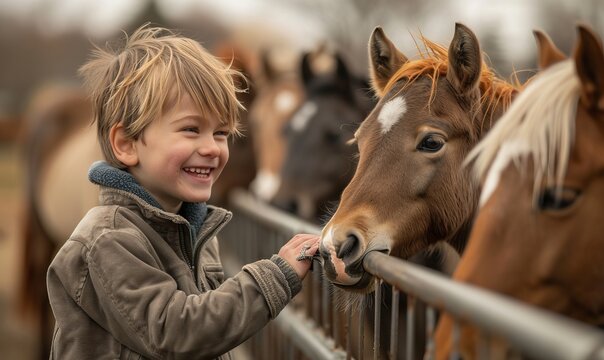 A young boy laughs as he pets a group of horses behind a metal fence