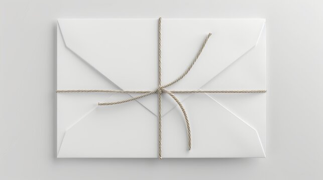 A white envelope with a string template isolated on a white background, viewed from an elevated perspective in 3D