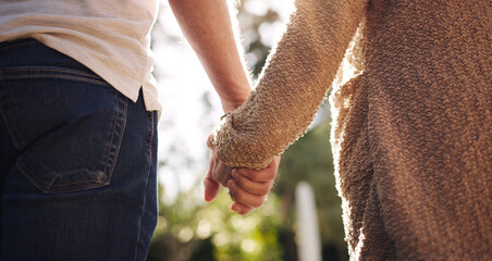 Couple, love and holding hands with back view for relationship, summer and happy date in park. Man,...