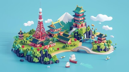 Fototapeta premium The visual of virtual reality in Japan is presented in an isometric projection style in 3D