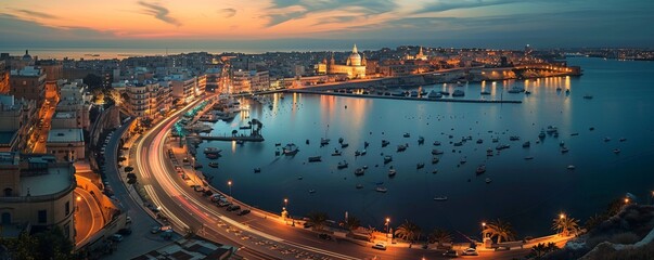Aerial view of Gzira at night with glittering city lights and busy roads, Central Region, Malta.