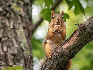 A playful squirrel holds a nut while perched on a tree branch in nature.