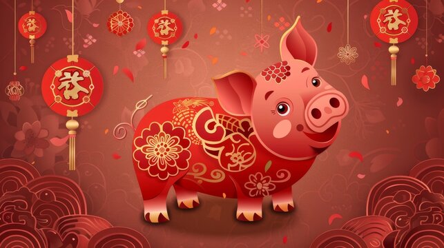 Happy Year of the Pig written in Chinese characters on a retro Chinese paper cut piggy