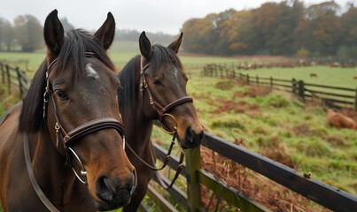 Obraz premium Two brown horses with bridles in a field and brown fence, closeup