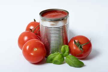 Tomato sauce in tin can, with fresh tomatoes and basil in front, white background