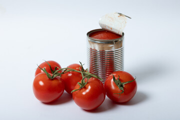 Tomato sauce in tin can, with fresh tomatoes in front, white background,