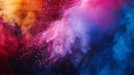 Colorful powder explosion isolated on dark background. Abstract colored dust cloud.