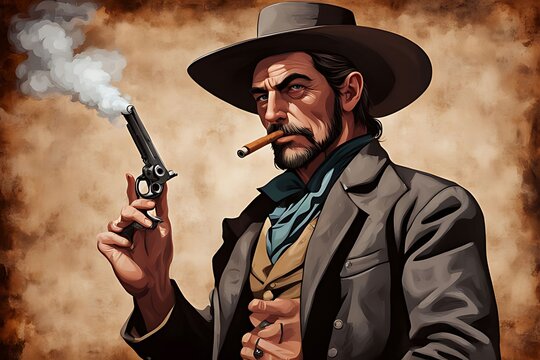 Front-facing cowboy gun drawn prepares for wild west town duel Closeup of desperado outlaw cowboy with raised pistol and gunsmoke.
