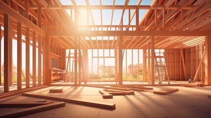 illustration interior of spacious building construction of frame house under construction with...