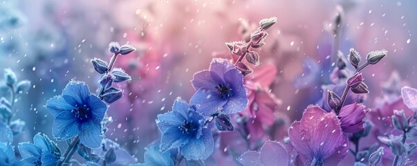 abstract background with frozen blue and purple larkspur delphinium flowers in ice