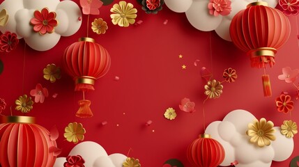 Decorative paper art clouds and lanterns for lunar year banner, Happy new year written in Chinese characters on red background