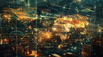 Digital world map on abstract glowing city background. Technology and communication concept.
