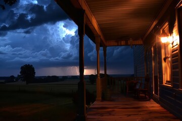 A summer thunderstorm captured from the safety of a porch, with lightning illuminating the darkened sky