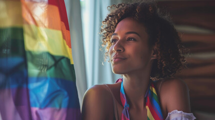 African American girl is working at home with LGBTQ rainbow flag in her table for coming out of closet and pride month celebration to promote sexual diversity and equality homosexual orientation Stock - Powered by Adobe