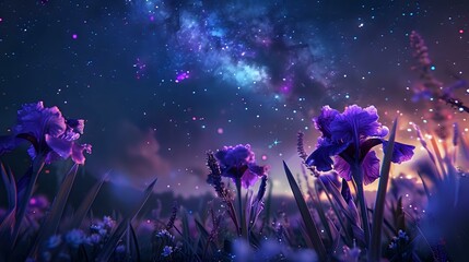Iris Flowers in Starry Night Field: Glowing Purple, Psychedelic Galaxies