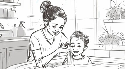 A mother washes her son's hair in the bathtub, line art style