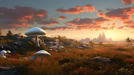 A panoramic view of agaricus mushrooms on a grassy plain, with wild horses running in the background at sunrise.