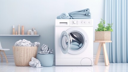interior design, Washing machine, washing gel and laundry basket on white background.