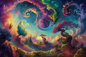 A surreal dreamscape where gravity doesn't exist, objects float freely and the sky swirls with vibrant colors