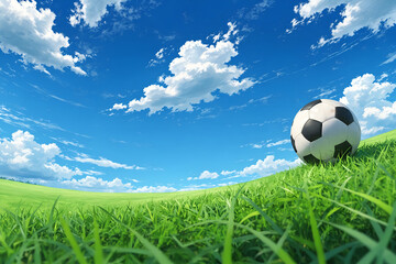 Soccer ball on a green grass field with clouds and a blue sky illustration.