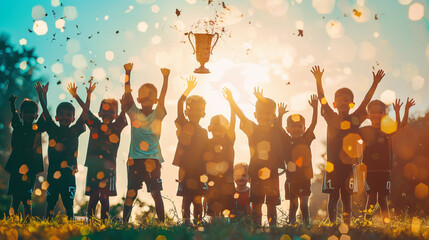 children kids tournament sport team winning championship football soccer celebrating Trophy holding...