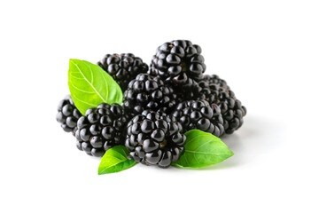 Fresh ripe organic blackberries with green leaf on white background. Food concept.
