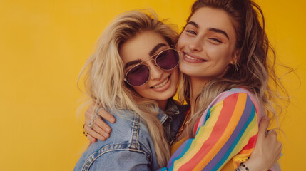 Lesbian, couple hug with young women and happy with fashion and marketing, love and fun together against studio background. Lgbtq community, gen z and freedom with style and lgbt people with pride Sto