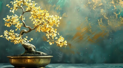 Golden Leaves Bonsai Tree Illustration: Concept for Wealth Wallpaper Background