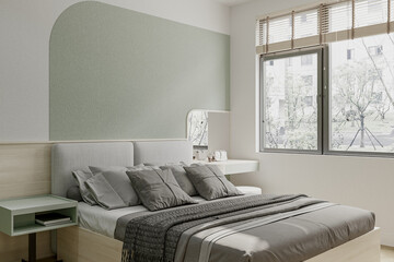 bedroom in light gray and green tones in a modern apartment, interior of a modern apartment