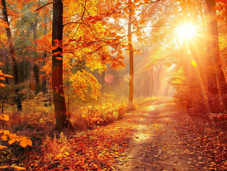 Golden light filters through colorful leaves on a winding path in a peaceful autumn forest.