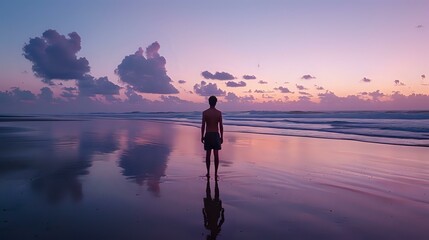 Breathtaking Twilight Beach: Handsome Brazilian Man Stands Barefoot on Serene Sand.
