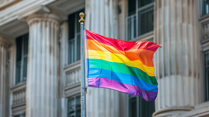 Lesbian, gay, bisexual, and transgender pride flag flying outside a government building Stock Photo photography