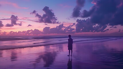 Brazilian Man on Twilight Beach: Breathtaking Horizon Gradient, Serene Atmosphere.