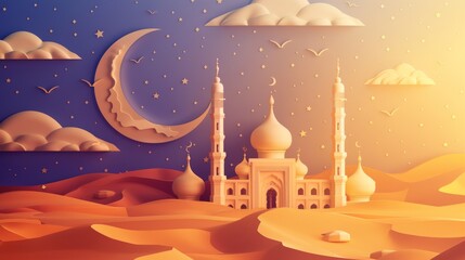 This calligraphy for Ramadan Mubarak symbolizes happy Ramadan with an elegant mosque in the desert and a crescent on the horizon