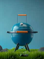 3d icon of a blue kettle bbq, flat icon style with blue pastel tones, summer time, bbq, backyard, barbecue, bar-b-q.