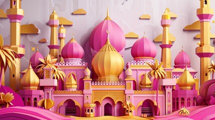 The paper art fanoos for Ramadan are fuchsia and gold in color