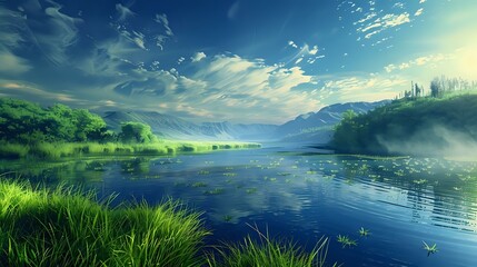 Nature's Serenity: Grassland with Green Hue, Blue Sky, and Flowing Water
