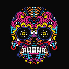 colorful skulls patterns graphic print, It represents death in the next world, Design element for logo, tattoo, textile, fabric pattern design decorations templates and other designs.