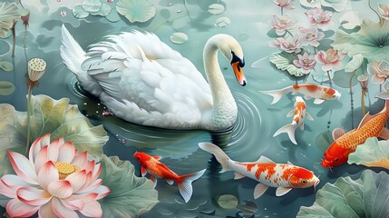 Exquisite Nature: White Swan Swimming Among Colorful Fish in Clear Lake