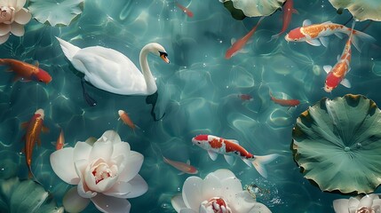 Tranquil Beauty: White Swan, Colorful Carp, and Lotus Leaves in Lake