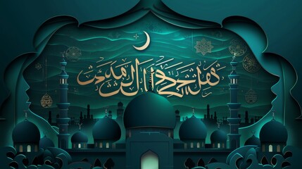 On dark turquoise background with hollow mosque shape, Eid Mubarak calligraphy means happy holiday