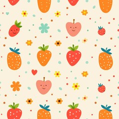 A whimsical pattern featuring smiley fruit characters, colorful flowers, and playful dots