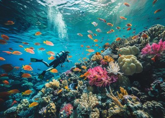 People dive on the seabed which is filled with coral and brightly colored and beautiful fish